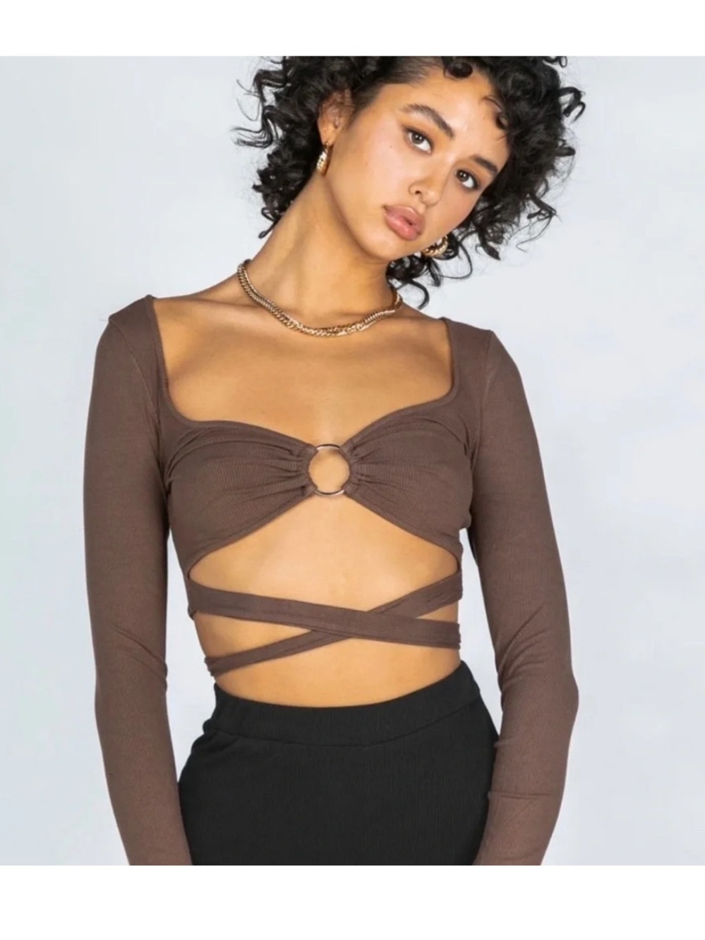 Princess Polly Brown Corey Long-Sleeve Top Size 2